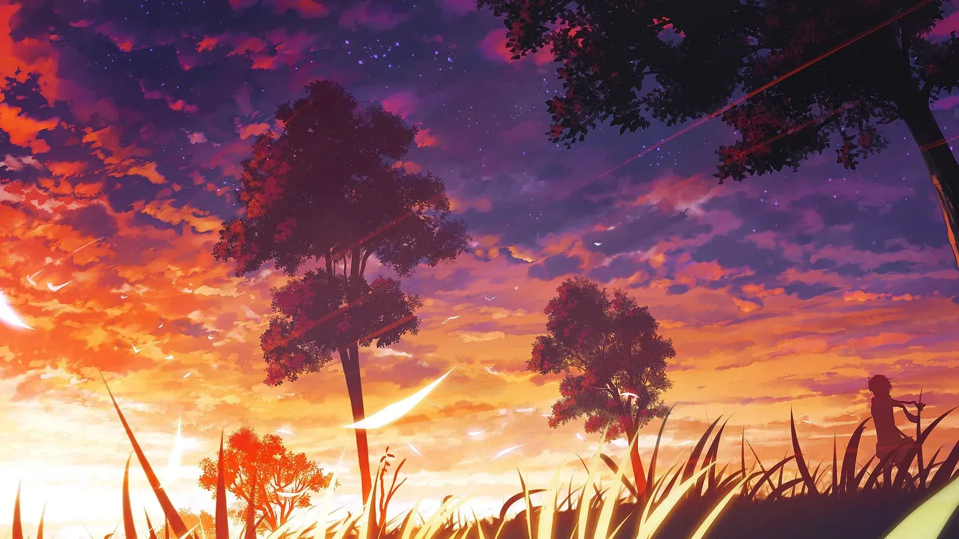 树影与橙紫色夕景